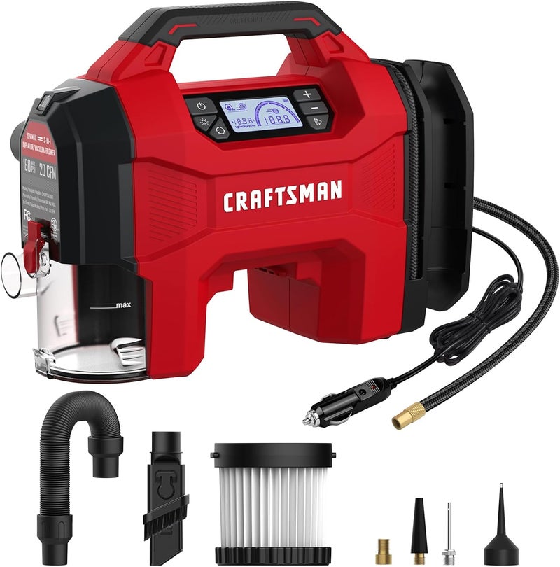 CRAFTSMAN Inflator/Vacuum/Blower 3-IN-1,Tire Inflator Portable Air Compressor with LED Light,Quiet Car Vacuum or Blower, 160 PSI for Car RV Truck,12V DC Corded and 20V DC Cordless,Tool Only - Image 1